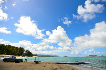 ピックアップトラックと海
