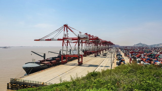 a row of crane in shanghai container deepwater port  ,time lapse