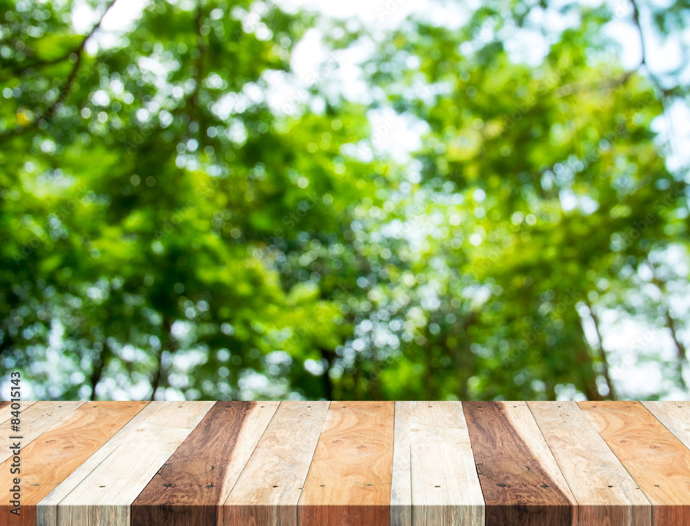 Poster Empty perspective table with blurred green tree forest,Template
