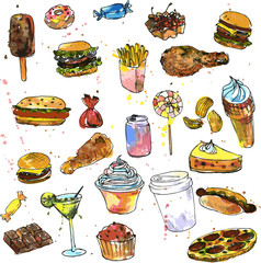 set of sweets and fast food sketch