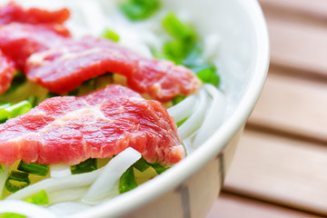 Closeup view of the Pho Bo. Popular beef noodle soup in Vietnam