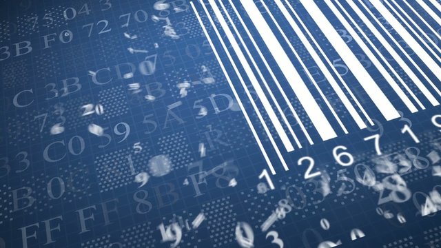 barcode scanner by barcode reader. Closeup on array of digits. chaos digits. Animating background hexadecimal code
