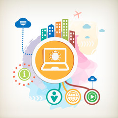 Laptop virus sign icon and city on abstract colorful watercolor