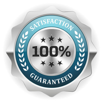 Blue 100 percent satisfaction badge with silver border