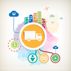 Delivery truck and city on abstract colorful watercolor backgrou