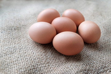 Closeup of Chicken eggs in the sackcloth
