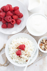 fresh homemade cottage cheese with raspberry, milk and yogurt 