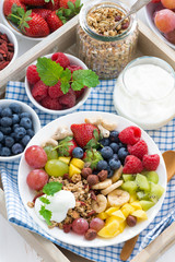 Fototapeta na wymiar healthy breakfast - berries, fruit and cereal on the plate