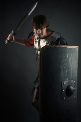 young warrior with a sword and shield in hand