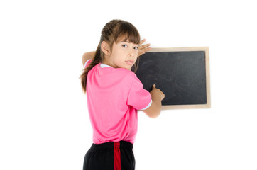 Little girl taking blackboard on white background
