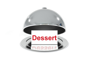 opened silver cloche with white sign dessert