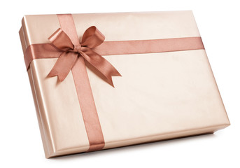 Gold box with gifts and brown bow