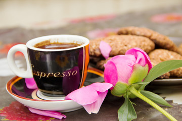 Cup of Espresso Coffee with Flower in Vase and Cookies