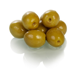 Green olives on white background