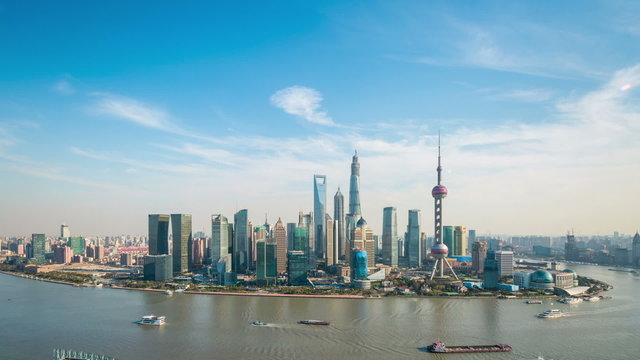 shanghai skyline and aerial view of huangpu river ,time lapse