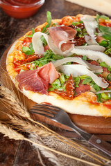 Healthy Italian Pizza on wooden board