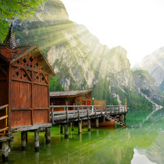 Boathouse at the Lago di Braies in Dolomiti Mountains 