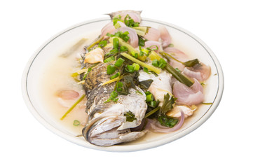 Malaysian dish of sweet and sour steamed Asian bass fish