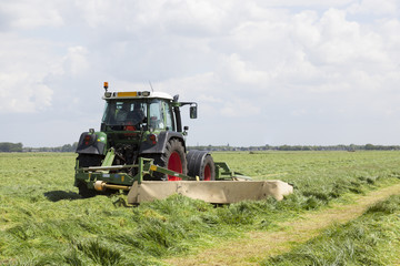 Naklejka premium tractor and mower in green meadow in holland