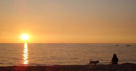 girl and dog on beach. 