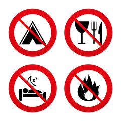 Food, sleep, camping tent and fire signs.