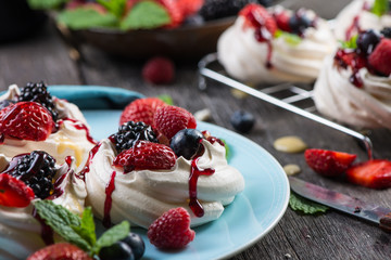 Homemade pavlova meringue with fresh berries