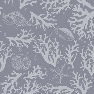 Coral, seashells seamless pattern in vintage style