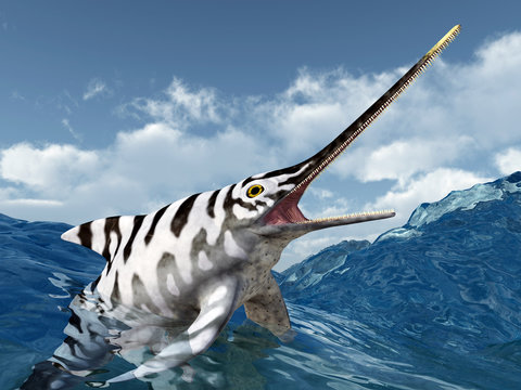 Ichthyosaur Eurhinosaurus in the stormy ocean