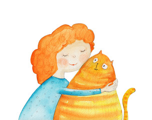Girl with cat. Watercolor