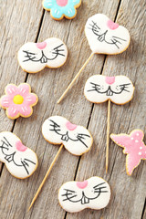 Easter cookies on grey wooden background