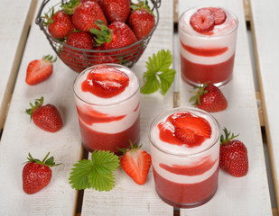 Dessert with strawberry jelly and whipped cream