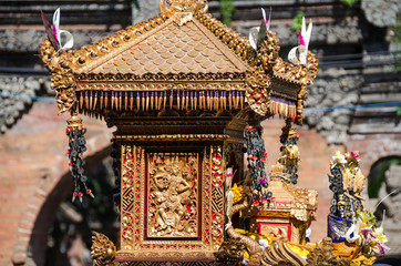 Hindu Gods statues carry by villager in Ogoh-ogoh parade and Nyepi day, Ubud, Bali, Indonesia - traditional religious Hindu procession of Ogoh-ogoh parade and Nyepi day