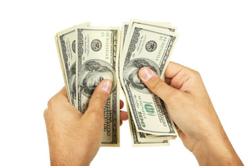 A Men hand holding hundred dollars bill on white background