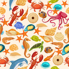 Sea seamless pattern with fishes, corrals, shells