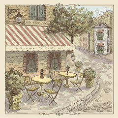 Fototapety  Vintage watercolor illustration of street cafe in old town