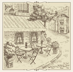 Hand drawn illustration, street cafe in old town.