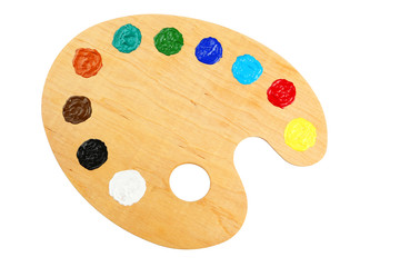 Wooden art palette with paints isolated on white - Powered by Adobe
