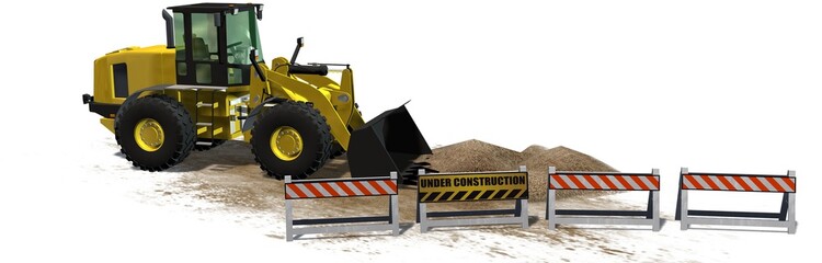 bulldozer behind roadblock isolated on white background