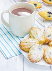 Sugar powdered madeleines with blueberries and hot chocolate