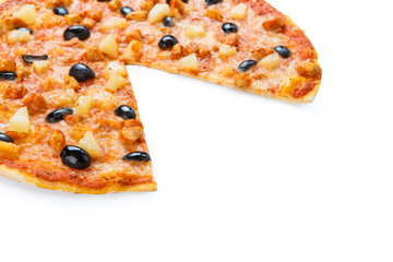 Delicious pizza with pineapple, chicken and olives