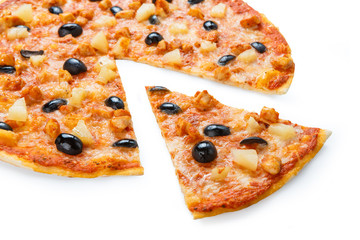 Delicious pizza with pineapple, chicken and olives