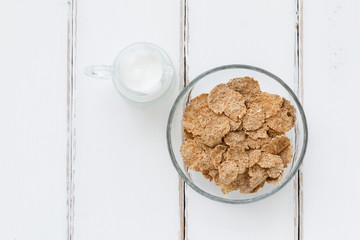 Bran flakes - top view healthy breakfast composition 