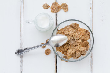 Bran flakes - top view healthy breakfast composition 