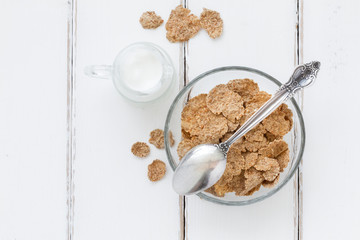 Bran flakes - top view healthy breakfast composition 