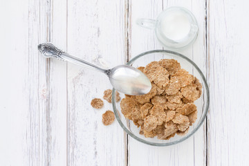 Bran flakes - top view healthy breakfast composition 