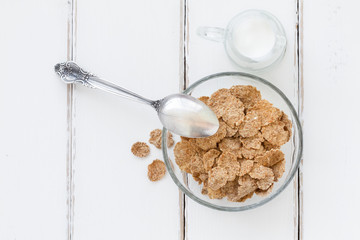 Bran flakes - top view healthy breakfast composition 
