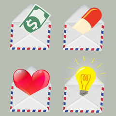 Set of Envelope with Money,Pill,Heart and Light bulb