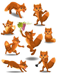 cartoon fox doing different activities on a white background