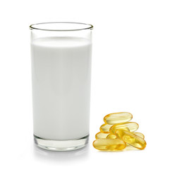 milk and fish oil on white background