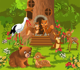 forest animals living in the tree house